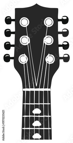 Guitar headstock illustration, showing tuning pegs and strings in a graphic style