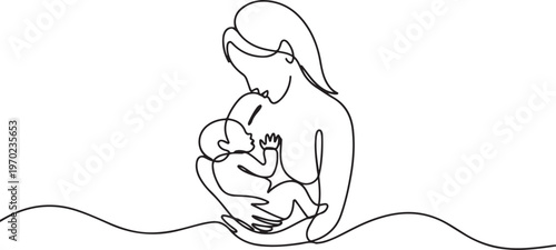 One continuous single drawing line art flat doodle mother breastfeeding baby, One Continuous Line Drawing of Happy Family Concept. one line Icon drawing