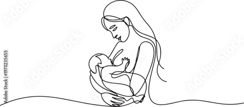 One continuous single drawing line art flat doodle mother breastfeeding baby, One Continuous Line Drawing of Happy Family Concept. one line Icon drawing