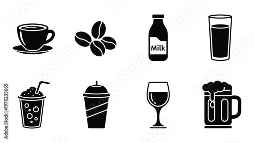 A collection of beverage icons in black and white including coffee milk juice and alcoholic drinks silhouette high quality professional detailed