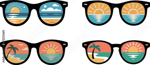 Four pairs of sunglasses reflecting summer beach scenes