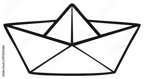 Folded paper boat outline drawing, simple geometric art, nautical toy vector illustration