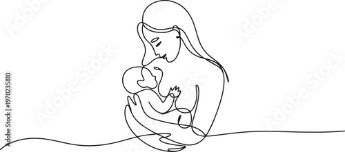 One continuous single drawing line art flat doodle mother breastfeeding baby, One Continuous Line Drawing of Happy Family Concept. one line Icon drawing