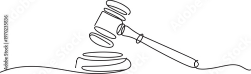 Judge hammer one continuous single line art drawing, One line drawing of judge hammer law symbol continuous. one line Icon drawing