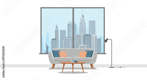 A minimalist living room with a grey sofa and coffee table is positioned in front of a large window displaying a detailed city skyline.