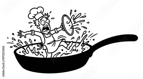 Minimalist Frying Pan with Oil Splash Cartoon Line Art, Monochrome Vector Illustration of Cooking Fail Humor