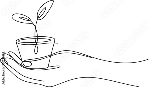 Continuous one line drawing palm hand holding together a green young plant, Hand holding plant's pot. one line Icon drawing
