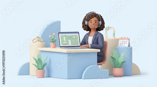 3D Female Event Manager at Desk Organizing Marriage Ceremony with Calendar and Icons