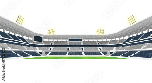 An empty football stadium with rows of blue and grey seating is illuminated by four glowing floodlight towers.