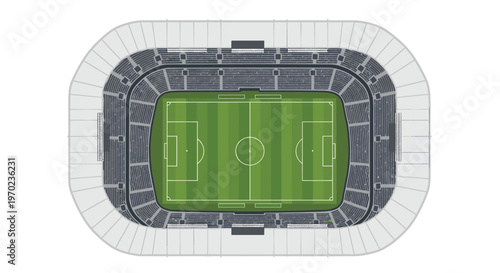 A large, oval football stadium with a green pitch and stands full of spectators is viewed from a top-down aerial perspective.