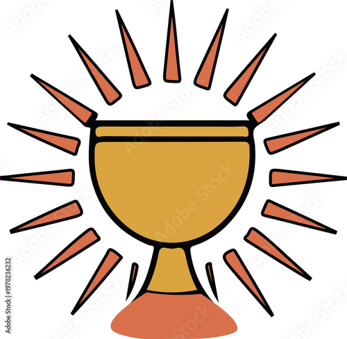 Golden chalice with orange rays on white background