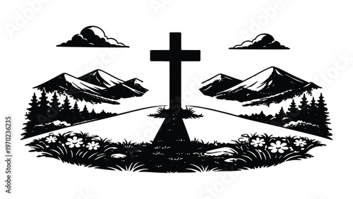 Christian Cross in Mountain Landscape – Faith and Nature Spiritual Illustration