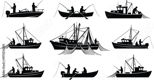 Fishing boat silhouette vector set, fisherman catching fish with net and rod collection, commercial trawler and small rowboat, sea industry, ocean, black.