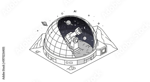 Isometric Line Art Illustration of an AI Space Observatory with Telescope on Moon Surface