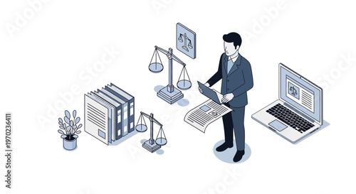 Isometric Illustration of a Lawyer Working with Scales of Justice, Laptop, and Legal Documents for Professional Legal Services and Corporate Law Consultation