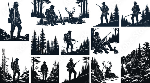 Hunter silhouette vector set, deer and rabbit hunting in forest landscape collection, man with rifle in wilderness, outdoor adventure, nature, black.