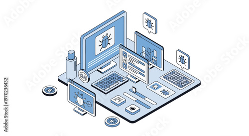 Software Testing and Bug Tracking Isometric Illustration. Concept for Quality Assurance (QA), Debugging, App Development, and IT Support Services.