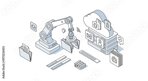 Isometric Robotic Arm Managing Cloud Data and Digital Files for Automation and RPA Concept