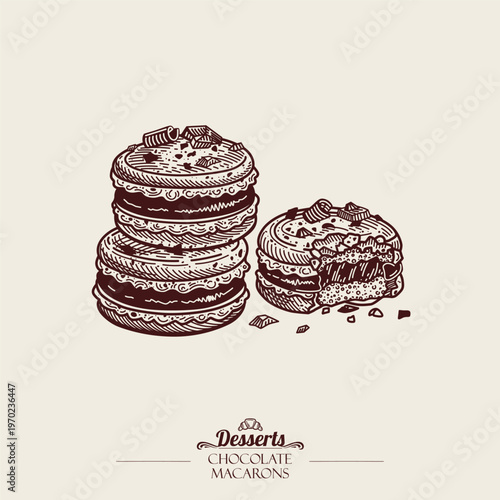 Three chocolate macarons with dark chocolate ganache. Bitten macaron with chocolate crumbs. French Dessert. Line art Illustration, sketch style.