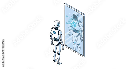 Isometric Humanoid Robot Looking into Digital Mirror Displaying Internal Data and Artificial Intelligence Network Illustration