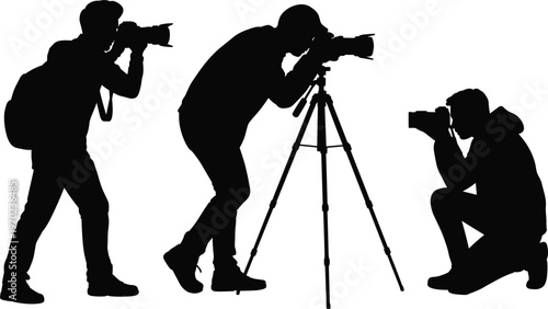 Photographer silhouettes set, professionals shooting with camera and tripod vector illustration isolated black creative work