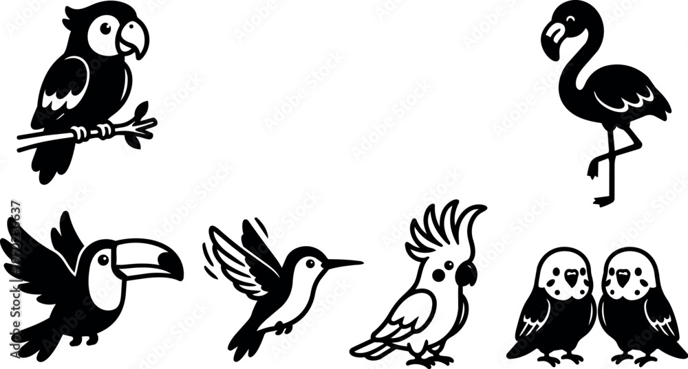 Obraz premium Various birds including parrot toucan and flamingo