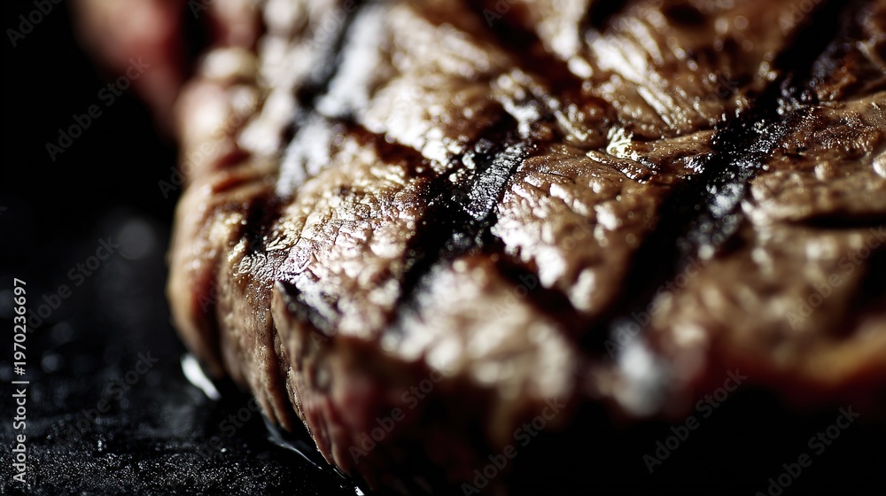 Fototapeta premium Ribeye Steak Medium Rare Close-up Food Photography, Perfect Grill Marks Directional Lighting, Dark Slate Background, Restaurant Advertising Design Asset