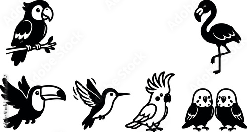 Various birds including parrot toucan and flamingo