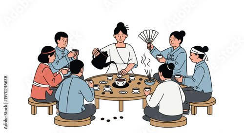 Seven people in traditional East Asian clothing are seated around a low wooden table for a tea ceremony on a white background.