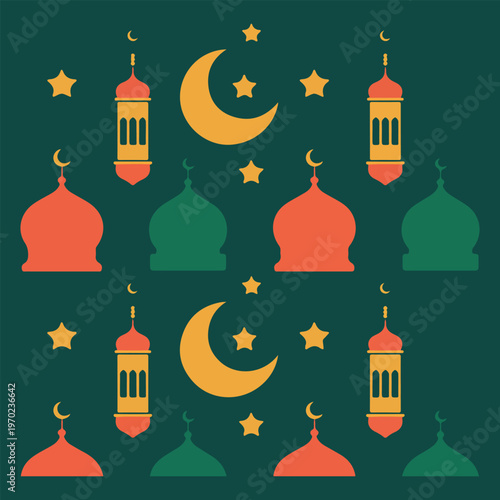 Islamic new year muharram pattern with moons lanterns and domes