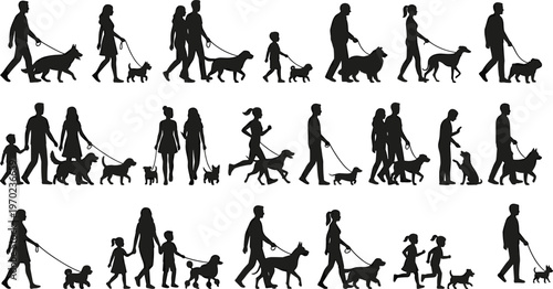 People walking dogs silhouette vector set, man woman family with puppy on leash collection, pet owner outdoor activity, canine animal, walking, black.