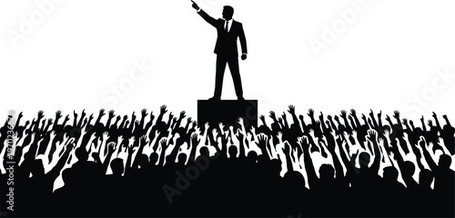 Politician speaking to crowd silhouette vector, leader addressing audience from podium, public speech, election campaign rally, motivational speaker, conference, protest, black.