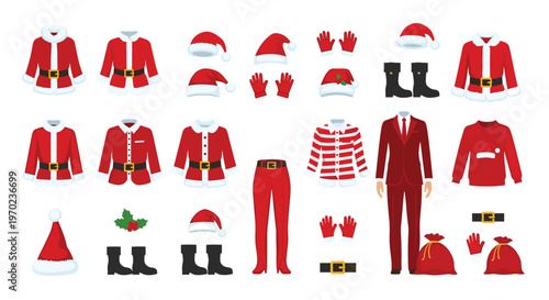 A comprehensive collection of twenty-four Santa Claus costume pieces and accessories are neatly displayed on a light pink background.