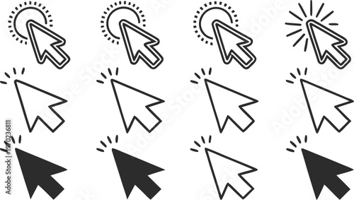 Set of cursor icons click and hand cursor icons click isolated on background. A clean minimalist black and white vector icon set featuring multiple computer mouse cursor symbols and hand click pointer