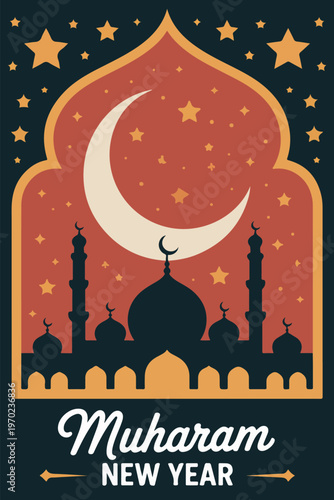 Islamic new year Muharram vector poster with mosque and moon