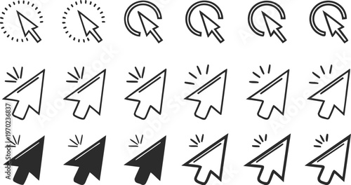 Set of cursor icons click and hand cursor icons click isolated on background. A clean minimalist black and white vector icon set featuring multiple computer mouse cursor symbols and hand click pointer
