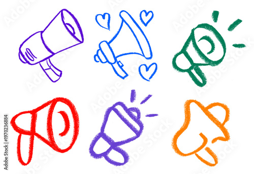 Megaphone Icons Crayon Chalk Drawing Doodle Vector Set