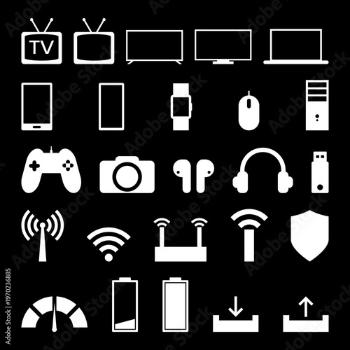 Technology icons set isolated on black background