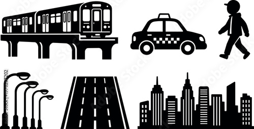 City skyline taxi train road street lights and pedestrian icons