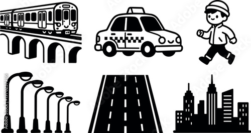 Black and white cityscape with train taxi pedestrian streetlights and road vector art