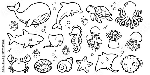 Bild auf Leinwand Kids sea animals coloring page faceless outline set