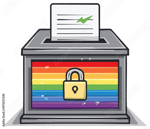 LGBTQ Equality Voting Rights Ballot Box Illustration with Rainbow Colors and Secured Padlock Vote Document Checkmark