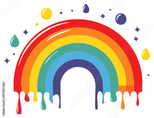 Colorful rainbow illustration with dripping paint and stars design element