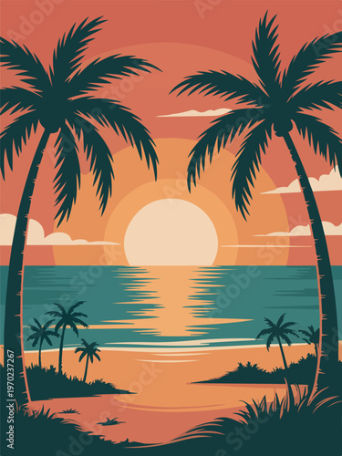 Palm trees on beach at sunset with ocean reflection