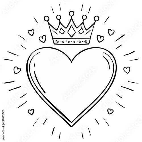 Black and white drawing of a crowned heart surrounded by radiating lines and hearts for love or royalty concept