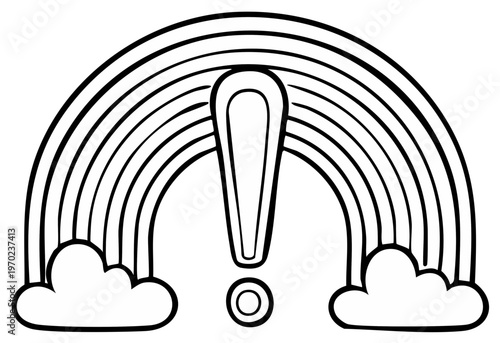 Black and white cartoon rainbow with exclamation mark and clouds, positive symbol