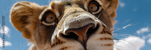 Close up Portrait of a Lion Cub with Brown Eyes and Sandy Fur Against a Bright Blue Sky