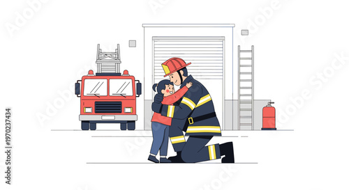 A firefighter in uniform kneels and hugs a small girl in front of a fire station with a fire truck.