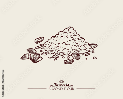 Pile of Almond Flour with Almond Nuts. Line art Illustration, sketch style. Vector outline