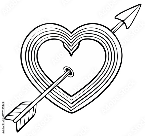 Stylized Heart Symbol Pierced by Cupid's Arrow Romantic Outline